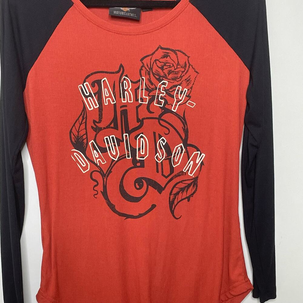 Harley-Davidson Ribbed Knit Long Sleeve Top Roses Spell Out Logo Orange Black‎ M - Picture 3 of 9